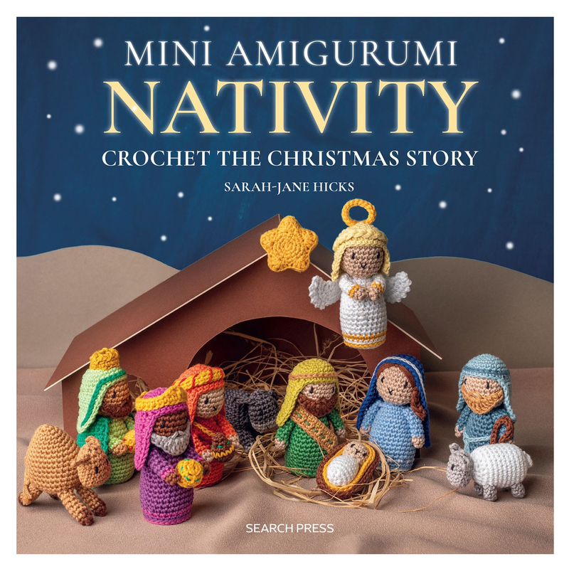 Front cover of the Mini Amigurumi Nativity book, showing a nativity scene with all of the crocheted characters posed and staged.