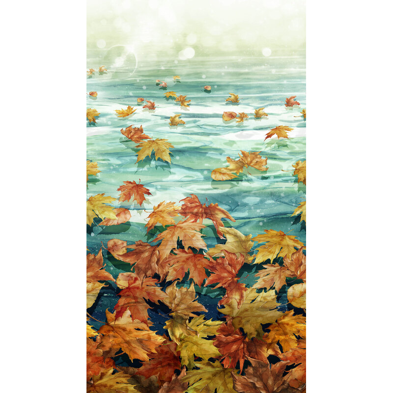 Vibrant autumn leafs floating on sky blue water with a shine of sun 