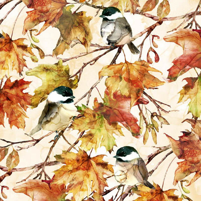 Pattern of autumn leaves and small birds on branches, featuring warm autumn colors and textured details.