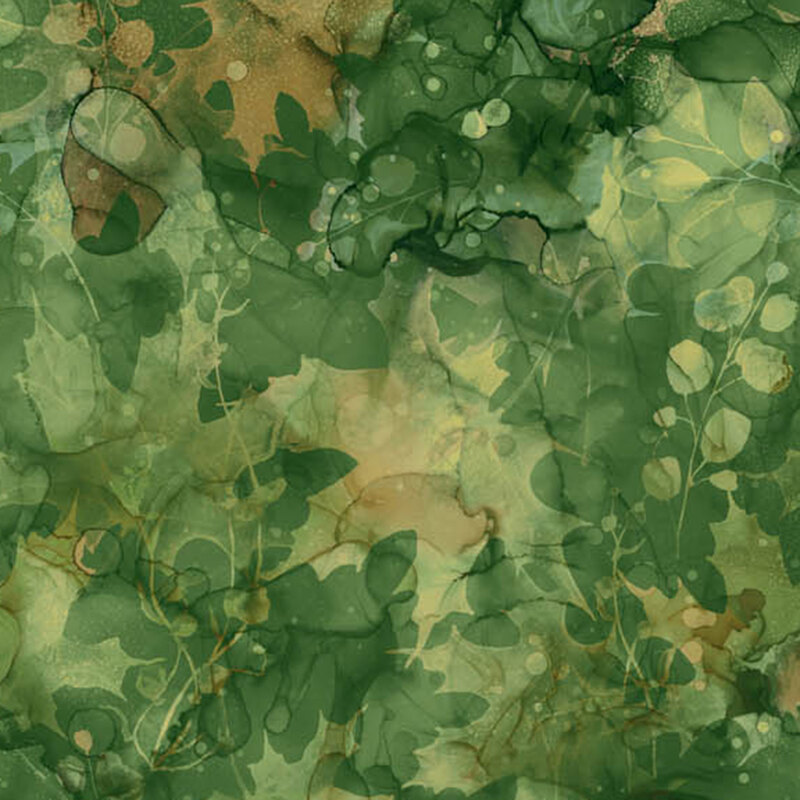 Seamless abstract pattern in various shades of green, resembling foliage and natural leaf textures.