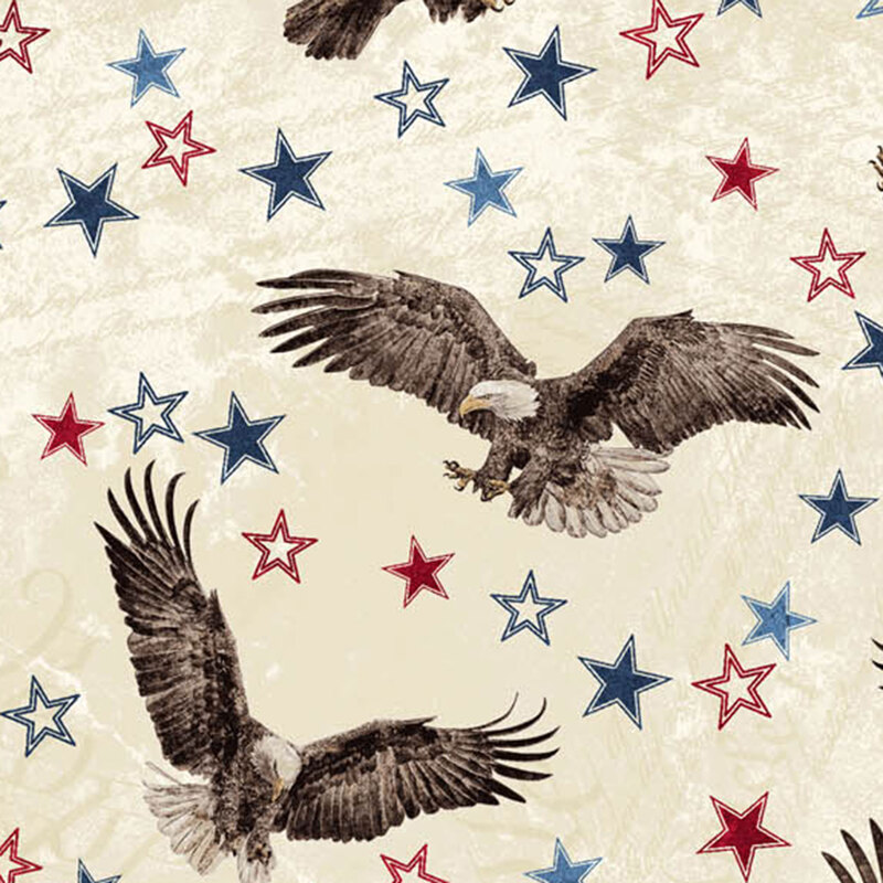 Pattern of flying eagles surrounded by red and blue stars on a beige background.