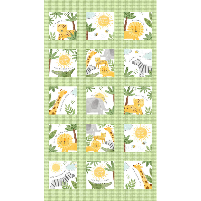 A grid of animal-themed cards featuring lions, zebras, giraffes, and elephants with green foliage.