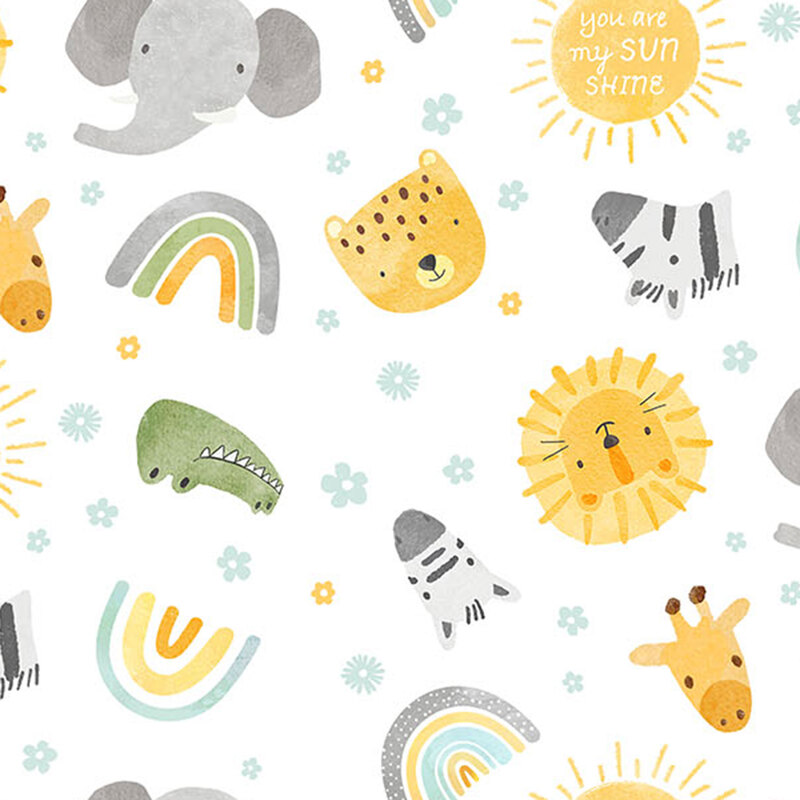 Playful animal pattern featuring an elephant, lion, giraffe, zebra, and crocodile, with rainbows and sun elements.