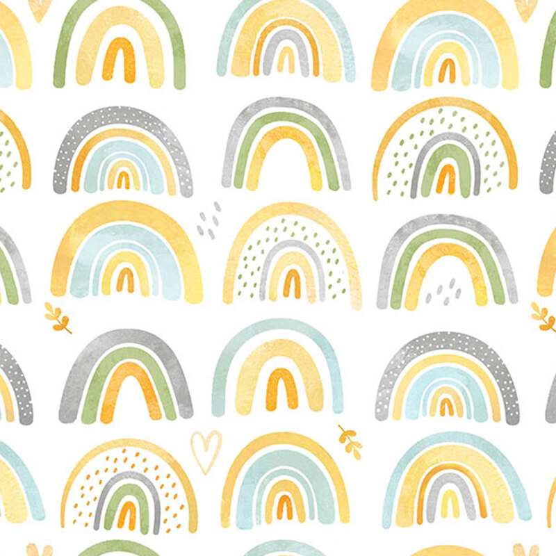 Pattern of colorful hand-painted rainbows in shades of green, yellow, and gray on a white background.