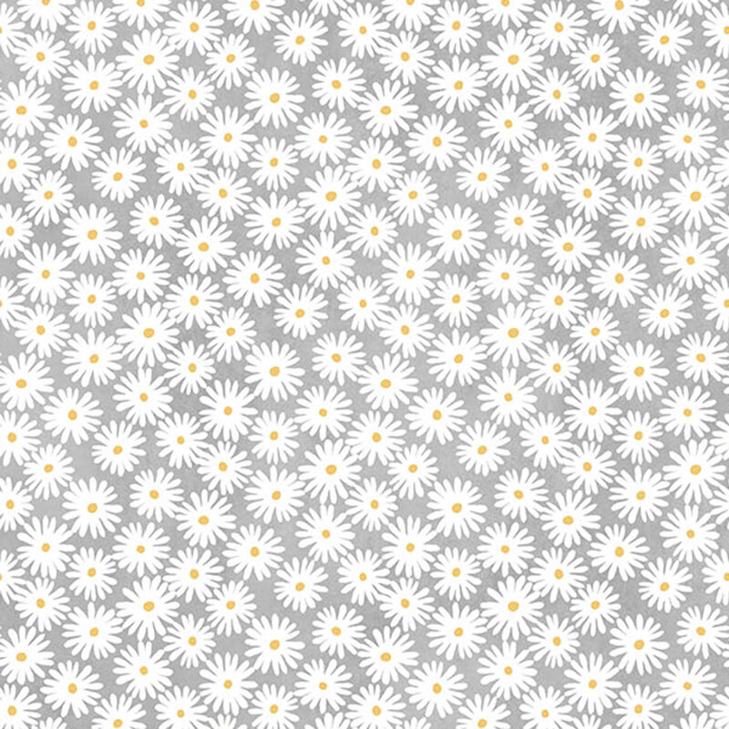 A patterned background of small white daisies with yellow centers on a light gray surface.