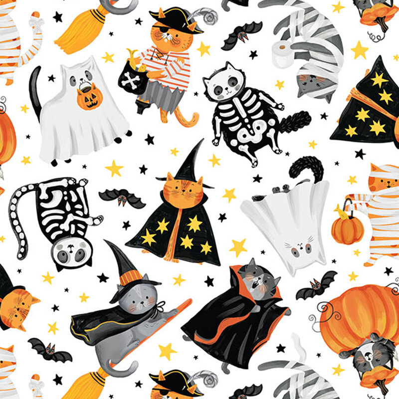 Halloween-themed pattern featuring cats dressed in halloween costumes on a white background.