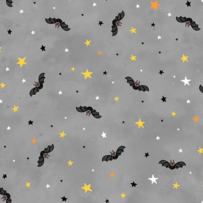 Pattern of bats and stars in black, yellow, and white on a gray mottled background.