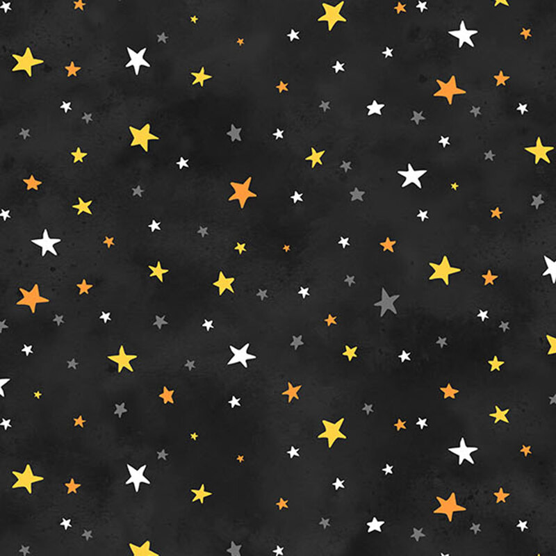 Black mottled fabric scattered with small, colorful stars in yellow, orange, and white.