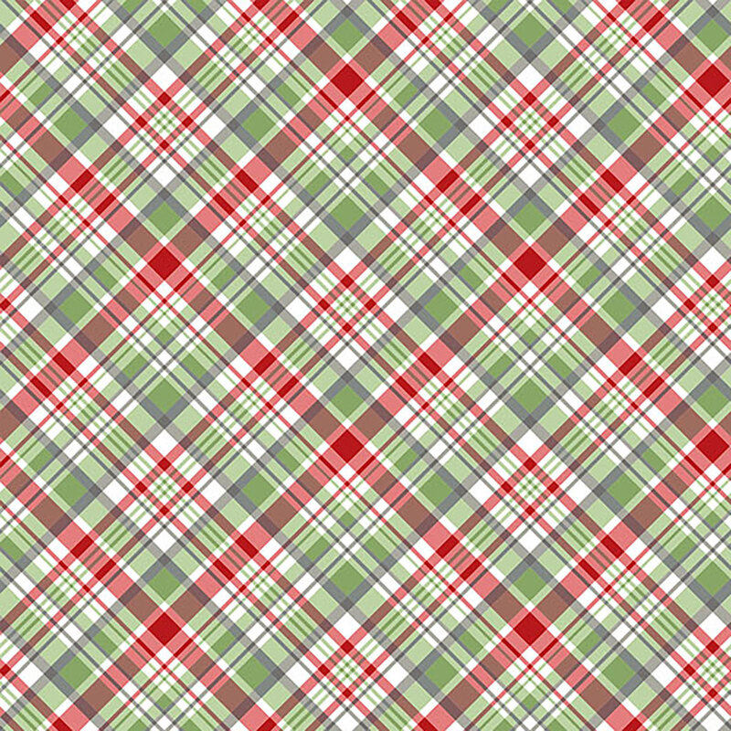 Red, gray, and green plaid pattern in a diamond layout.