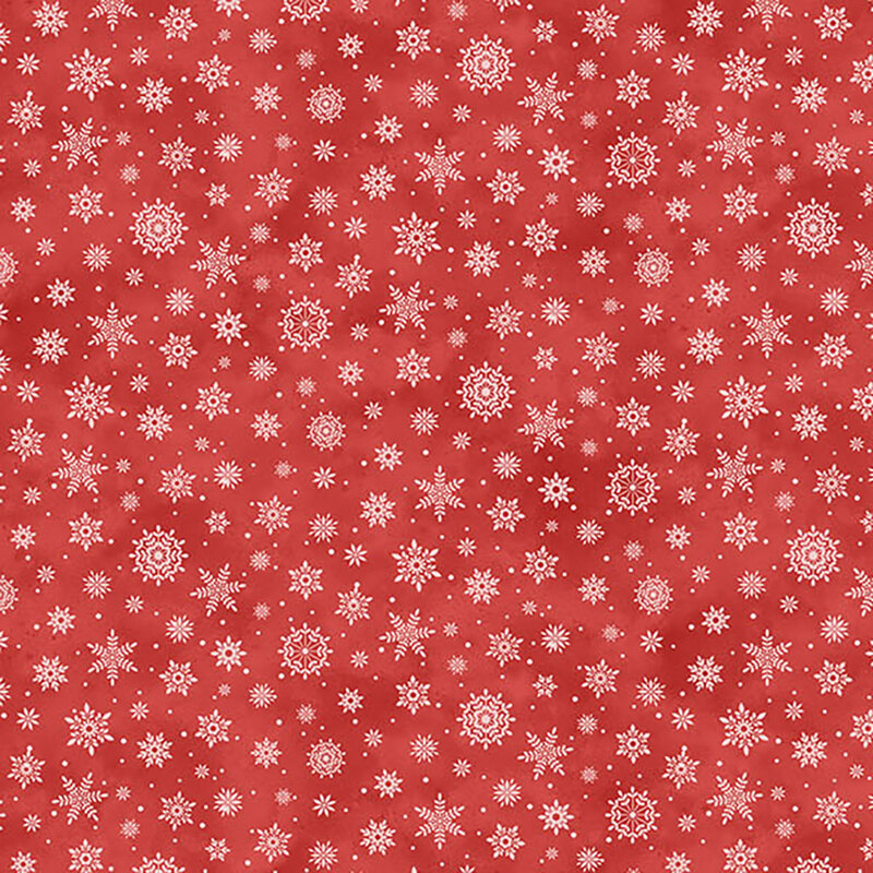 Mottled red background with a repeating pattern of white snowflakes.