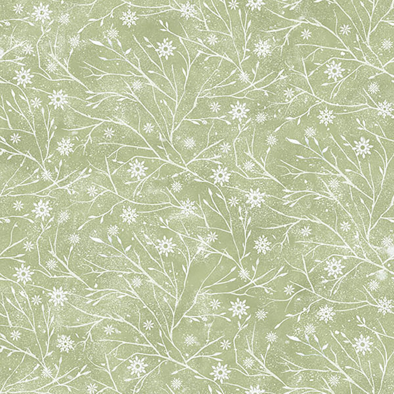 Light sage green background with a subtle branch and snowflake pattern featuring delicate lines and small dots.