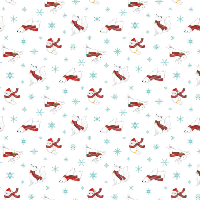 White fabric with small scattered blue snowflakes and festive polar bears, foxes, and owls wearing red scarves.