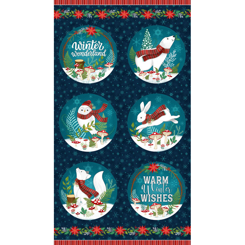 A navy panel with a winter-themed design featuring six circle images of animals in scarves, with holiday text and decorations.