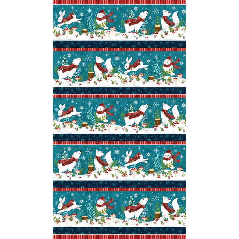 A border stripe print on a teal background with a wintery scene of polar bears, foxes and owls.