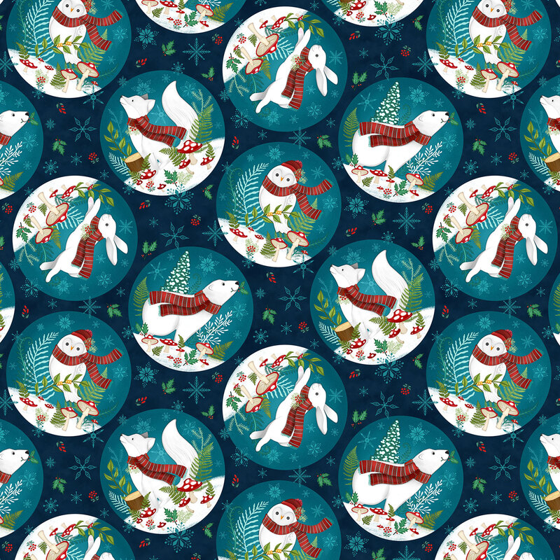 A repeating pattern of snowmen, rabbits, and foxes in winter scarves, set against a navy background of scattered snowflakes.