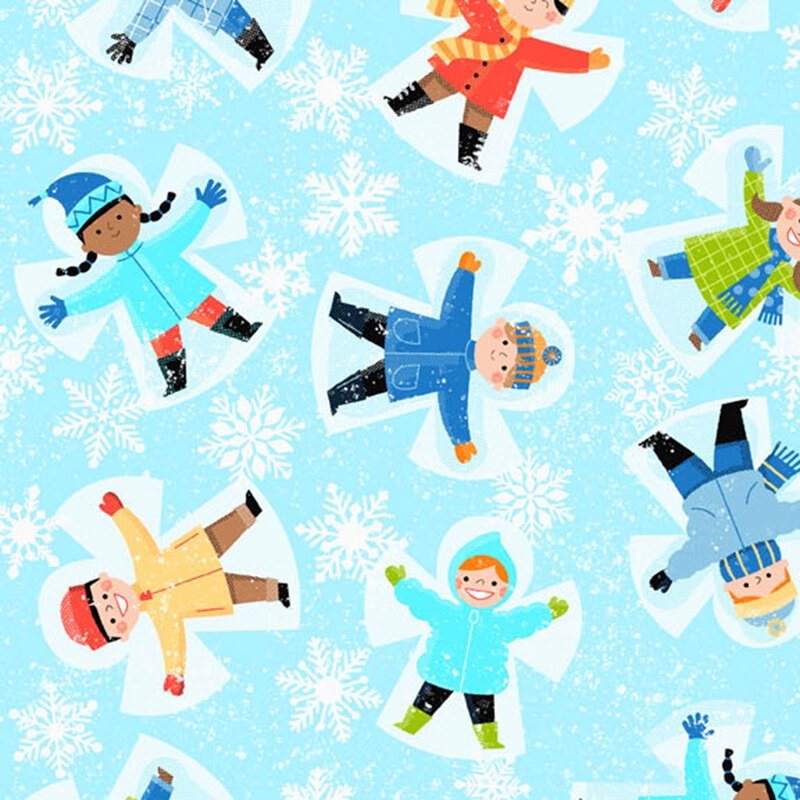 Children wearing colorful outfits making snow angels on a light blue background with snowflakes.