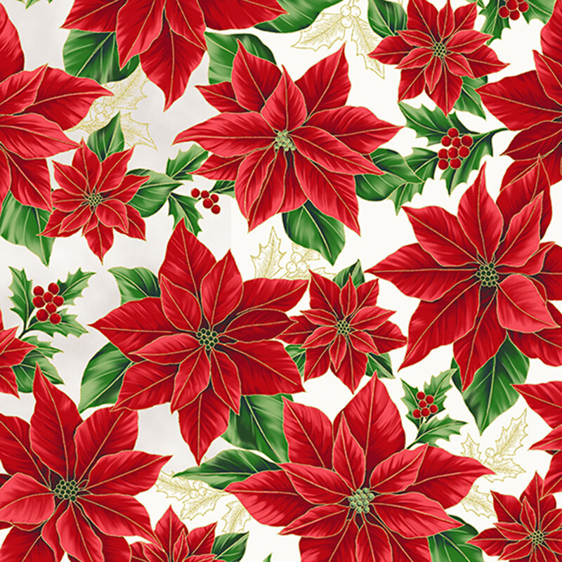 Cream fabric with vibrant red poinsettias and green leaves with metallic accents.