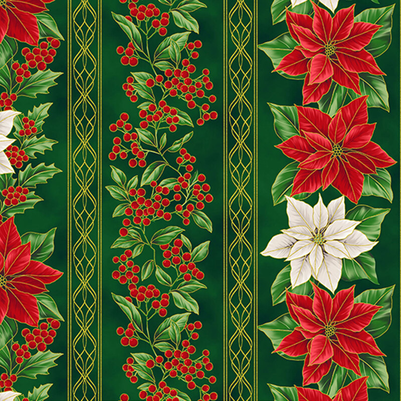 Red and white poinsettias, holly berries, and green leaves on a green background with metallic accents and ornate stripes running across the fabric.