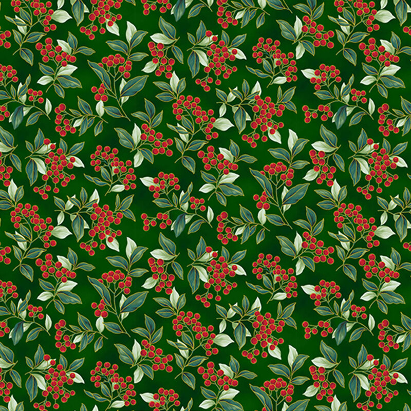 Hunter green fabric with a dense pattern of winterberries and metallic accents.