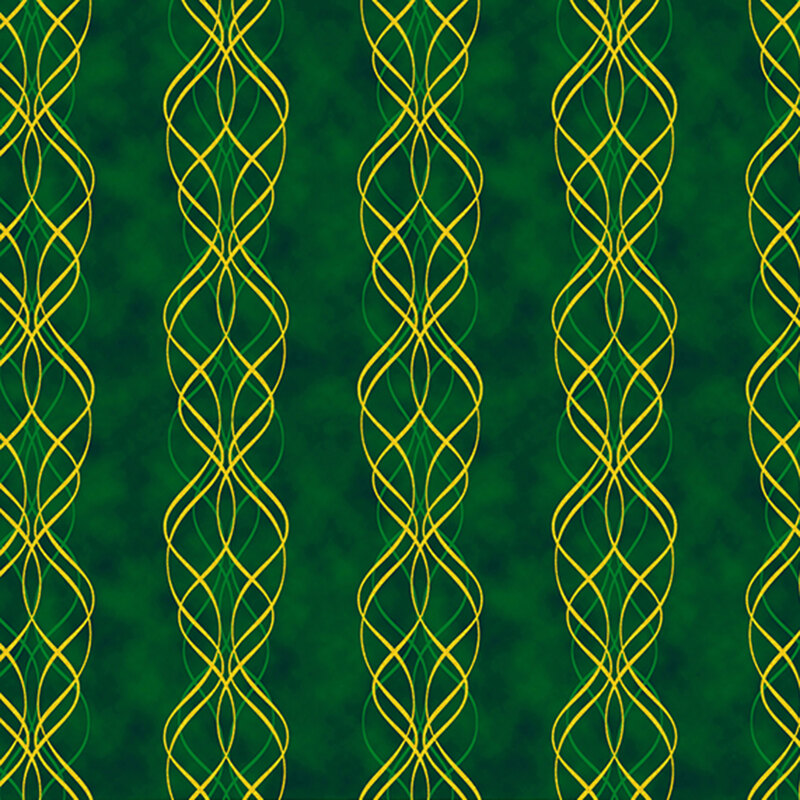 Mottled hunter green fabric with ornate, wavy stripes running along the design with metallic accents.