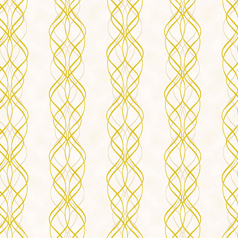 Cream fabric with ornate, wavy stripes running along the design with metallic accents.