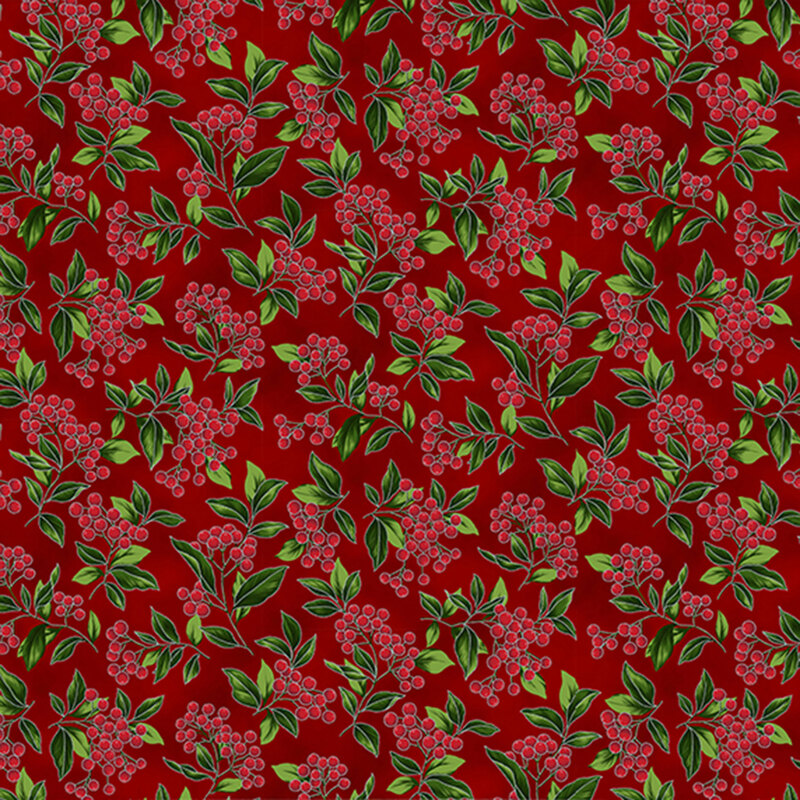 Red fabric with a dense pattern of winterberries and metallic accents.