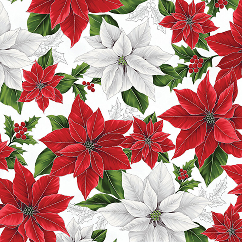 White fabric with vibrant red and white poinsettias and green leaves with metallic accents.