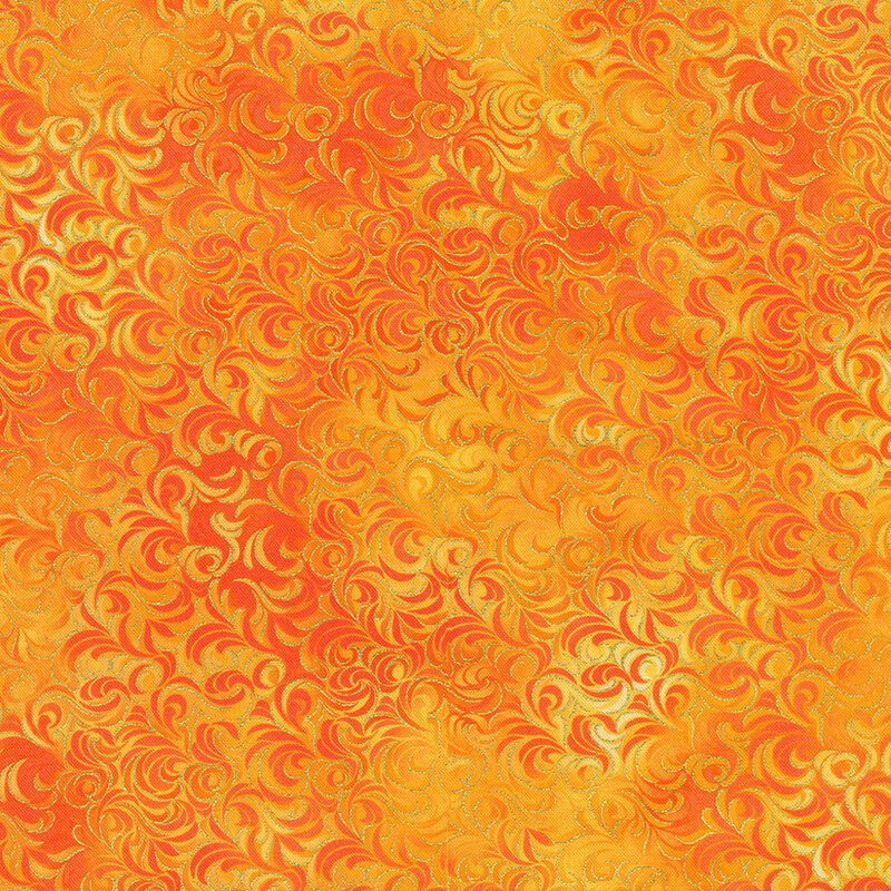 A vibrant orange fabric with swirls and patterns in shades of yellow and gold.