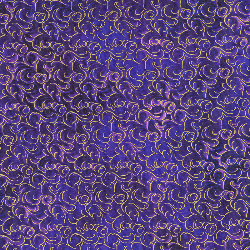 Purple fabric with an intricate swirling pattern in gold and pink accents.