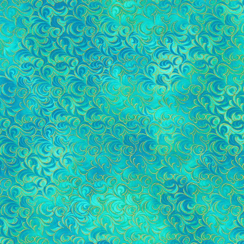 Swirling turquoise and teal patterns with delicate golden accents create a textured fabric design.