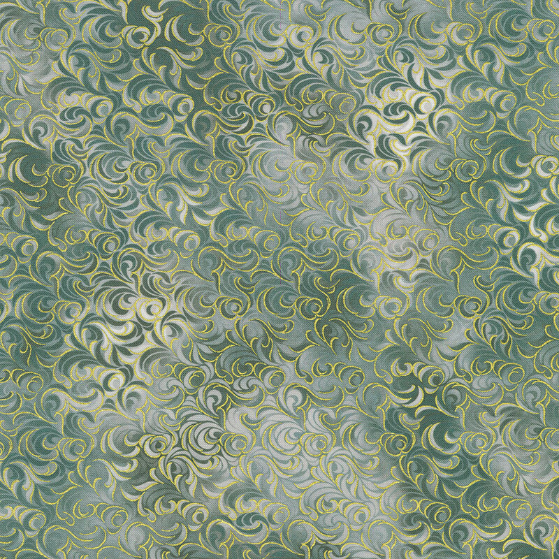 Abstract fabric with swirling patterns in green and gold on a textured background.