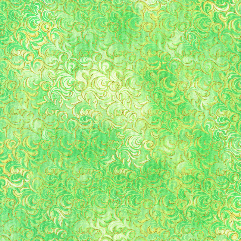 Bright green fabric with a swirling pattern featuring gold accents, creating a textured and layered appearance.