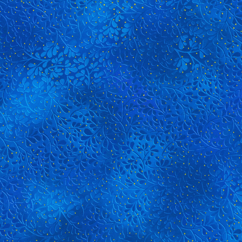 Abstract blue fabric featuring intricate, light blue leaf patterns on a deep blue background.