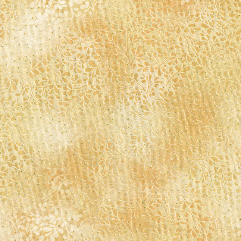 Light tan fabric with a textured background featuring intricate leaf and vine patterns.