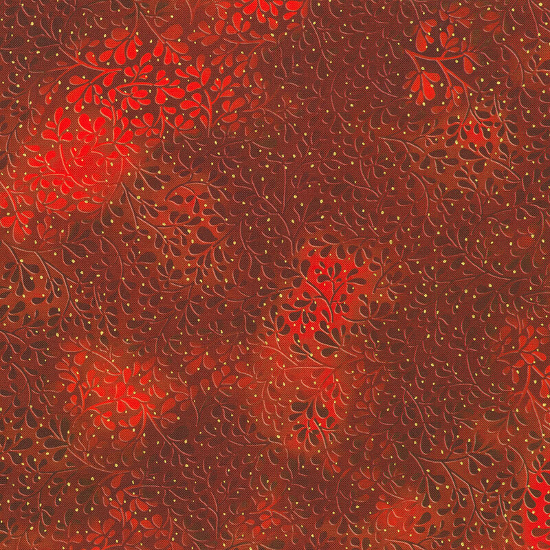 Mottled red fabric with leaves throughout and small golden metallic speckles