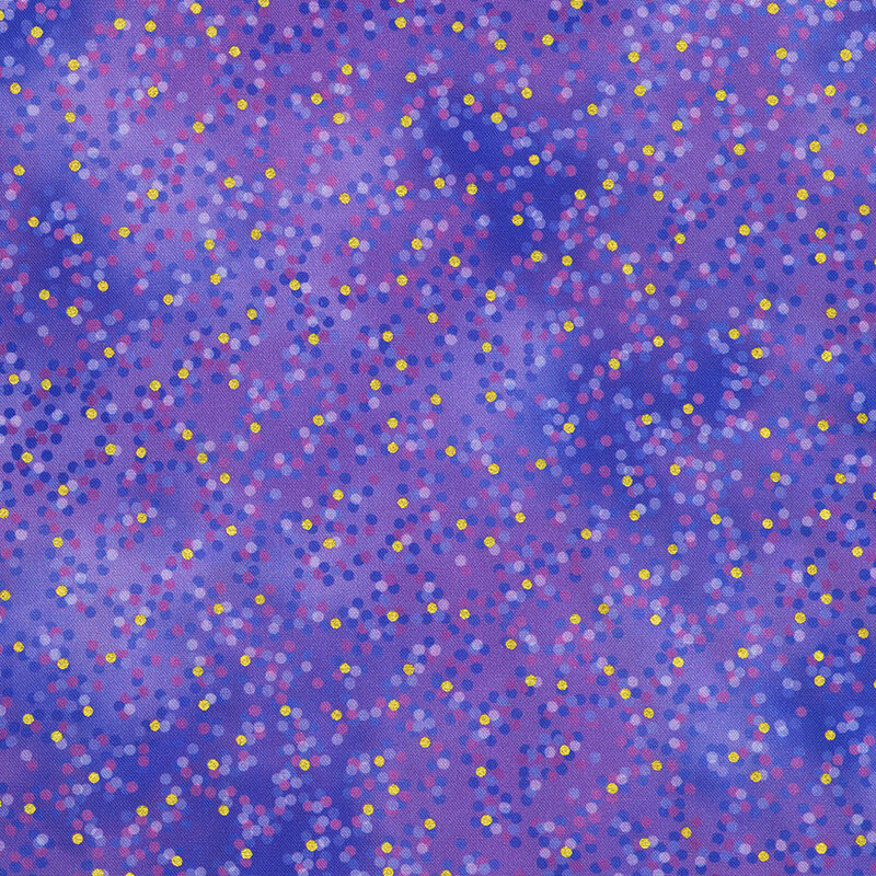 Mottled violet fabric with pink, purple, and gold metallic polka dots scattered throughout