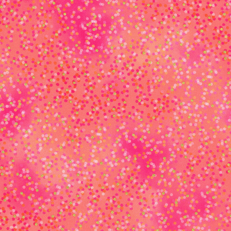 Mottled coral fabric with pink, dark pink, and gold metallic polka dots scattered throughout