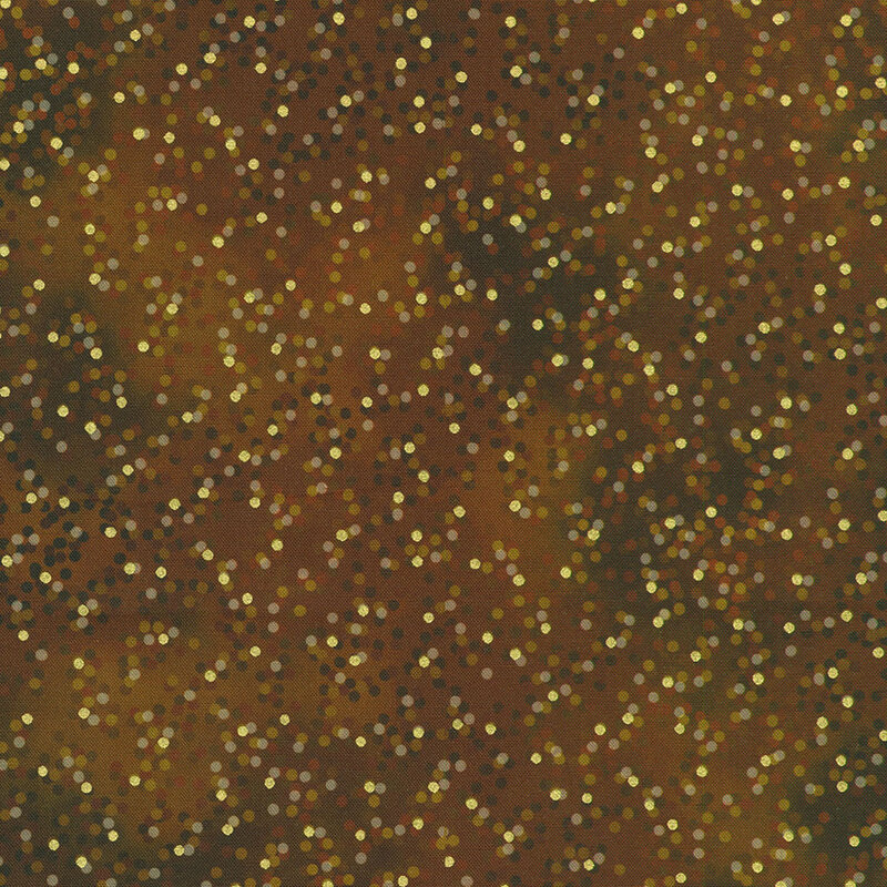 Mottled brown fabric with dark brown, light brown, and gold metallic polka dots scattered throughout