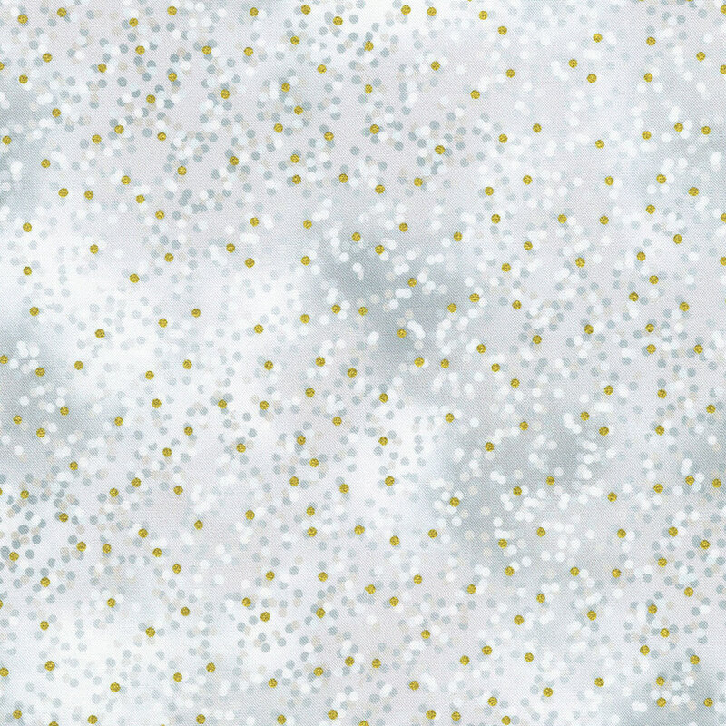 Mottled gray fabric with white, dark gray, and gold metallic polka dots scattered throughout