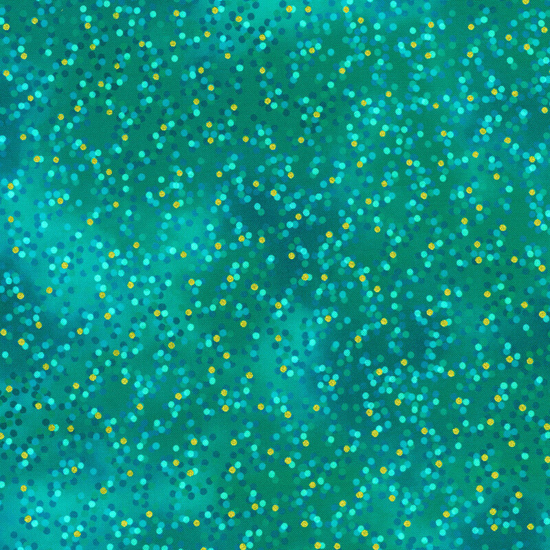 Mottled teal fabric with navy, aqua, and gold metallic polka dots scattered throughout