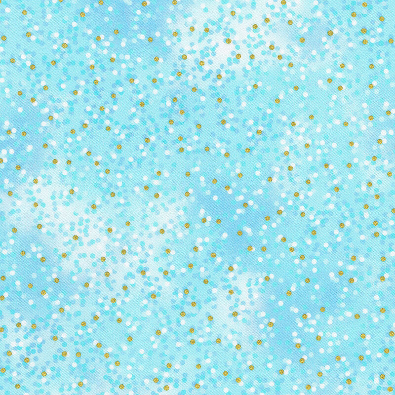 Mottled light blue fabric with white, aqua, and gold metallic polka dots scattered throughout