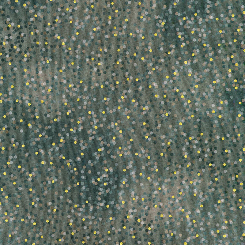 Mottled dark gray fabric with black, gray, and gold metallic polka dots scattered throughout