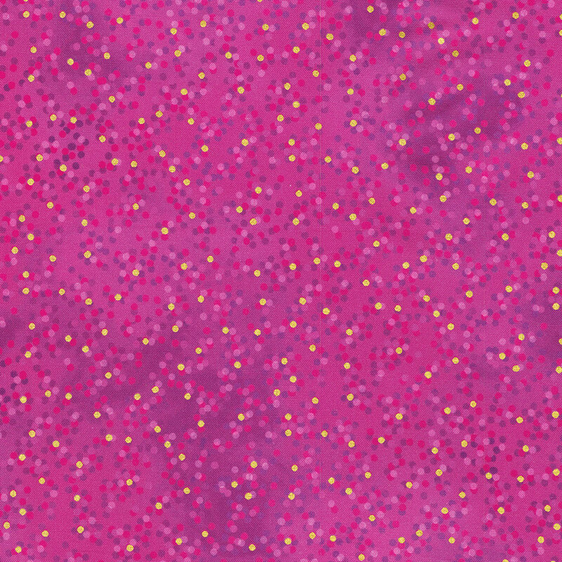 Mottled vibrant pink fabric with pink, purple, and gold metallic polka dots scattered throughout