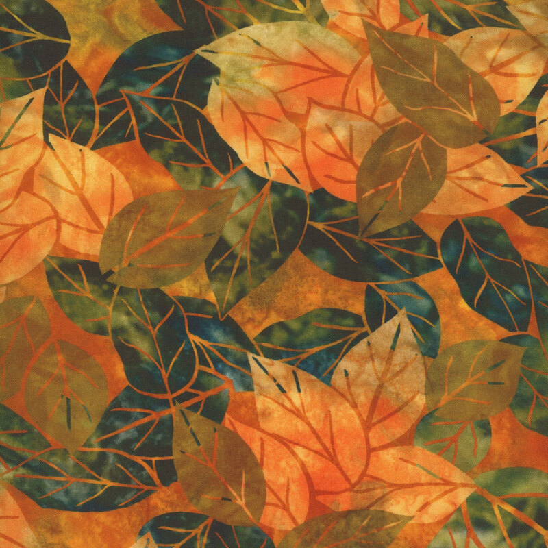 Mottled orange fabric with colorful scattered leaves across the design.