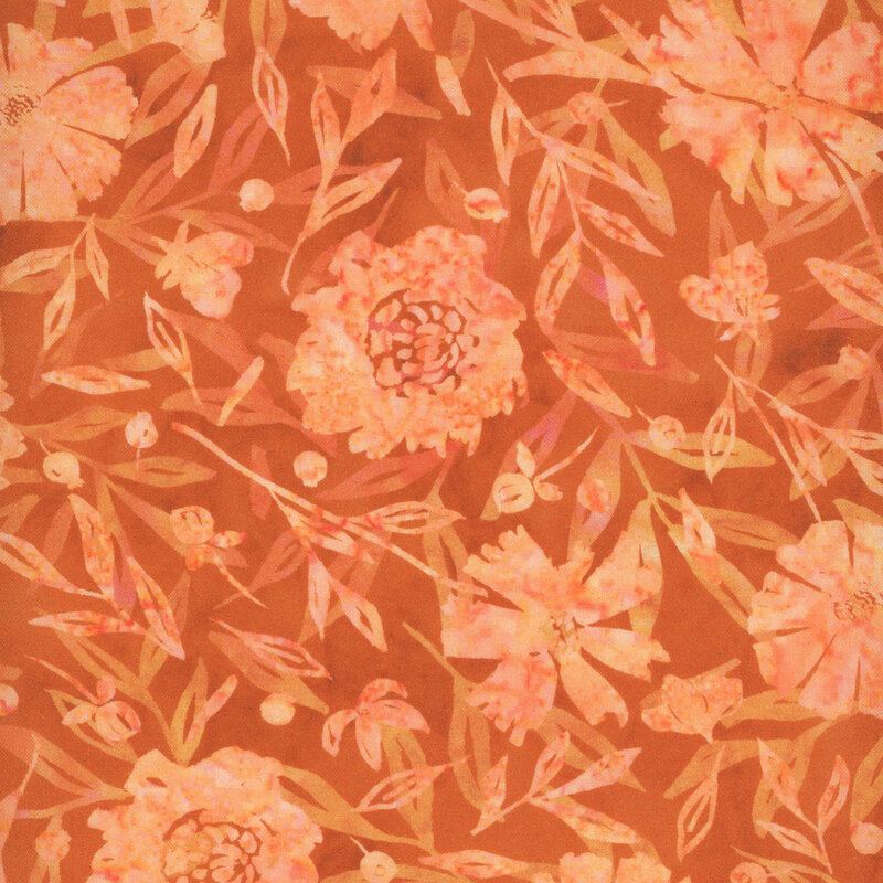 Mottled orange fabric with overlaid layers of a light leafy and flower pattern.