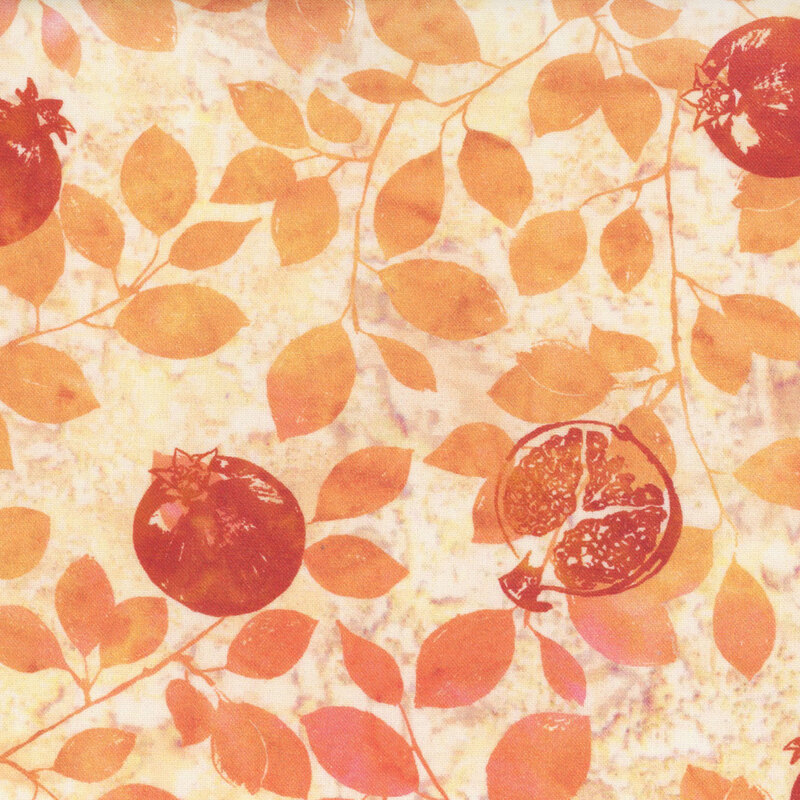 Textured light yellow fabric featuring red and orange leaves and red pomegranates.