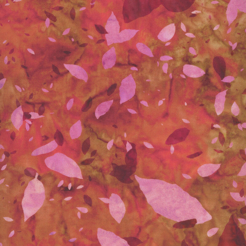 An abstract pattern of colorful leaves in shades of pink, red, and orange against a warm, textured background.