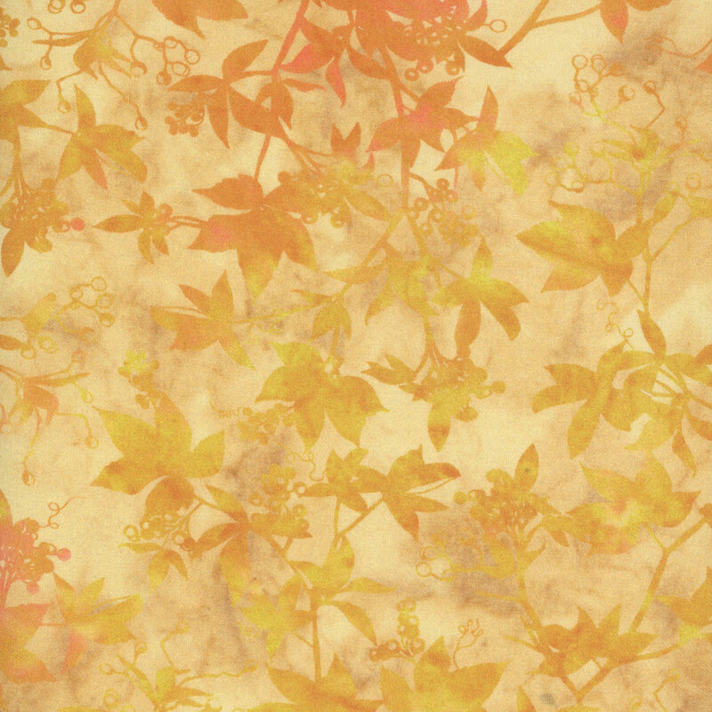 Pattern of leaves and berries in shades of yellow and orange on a textured background.