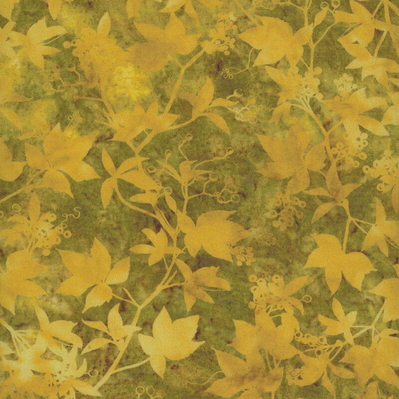 Pattern of leaves and berries in shades of green and yellow on a textured background.