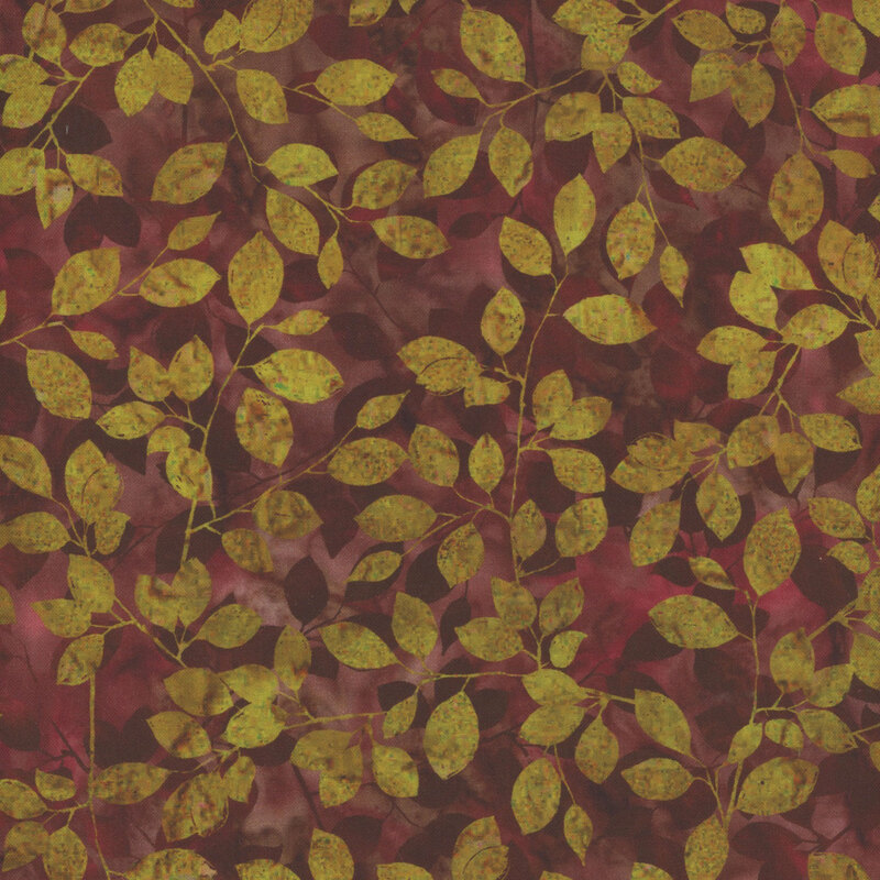 A textured pattern of green leaves on a wine purple background.